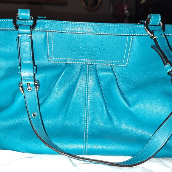 Coach Azure Teal Leather Pleated Gallery Tote F12759 - Picture 3 of 5